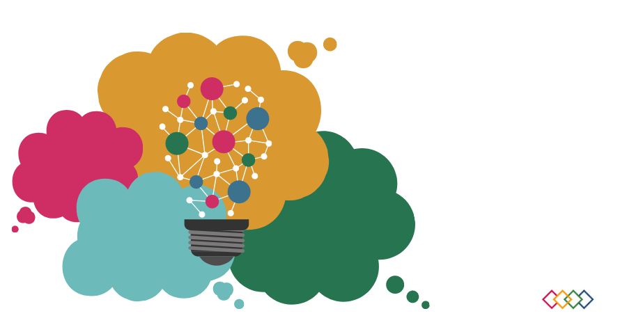 Thinking boxes in colours and a lightbulb symbolizing innovation